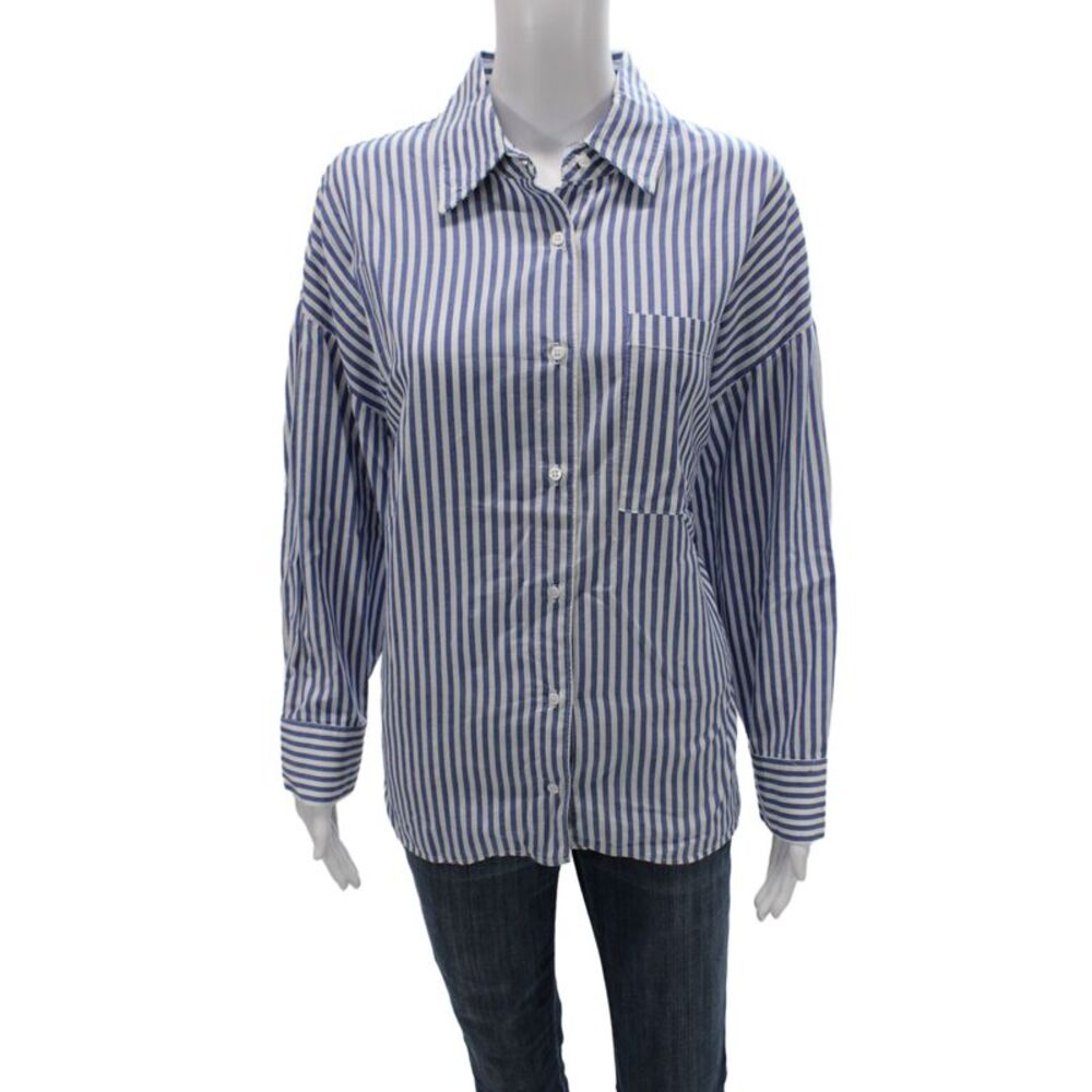 Stateside Womens Striped Collared Button-Up Blue Cotton Long Sleeve Size L